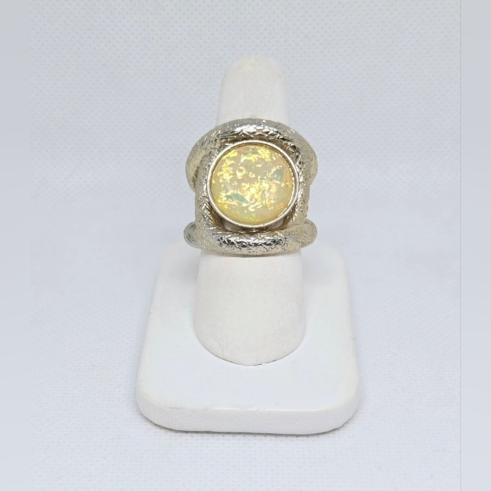 Opal Style Cabochon Stretch Ring Two Tone Chunky Statement Vintage